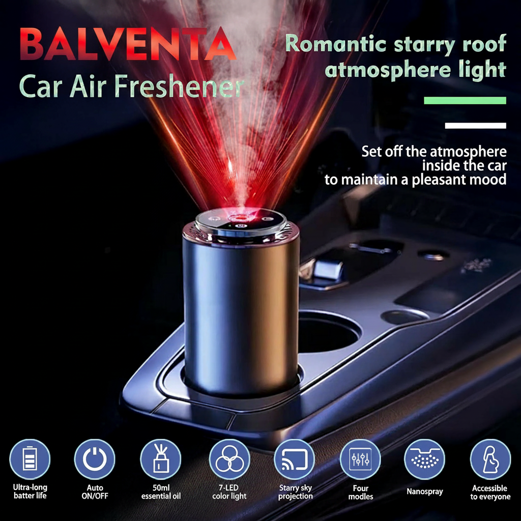 Transform Your Drive with the Balventa Cologne Car Air Freshener & Aroma Diffuser - Smart Humidifier, LED Light, and 50ml Essential Oil