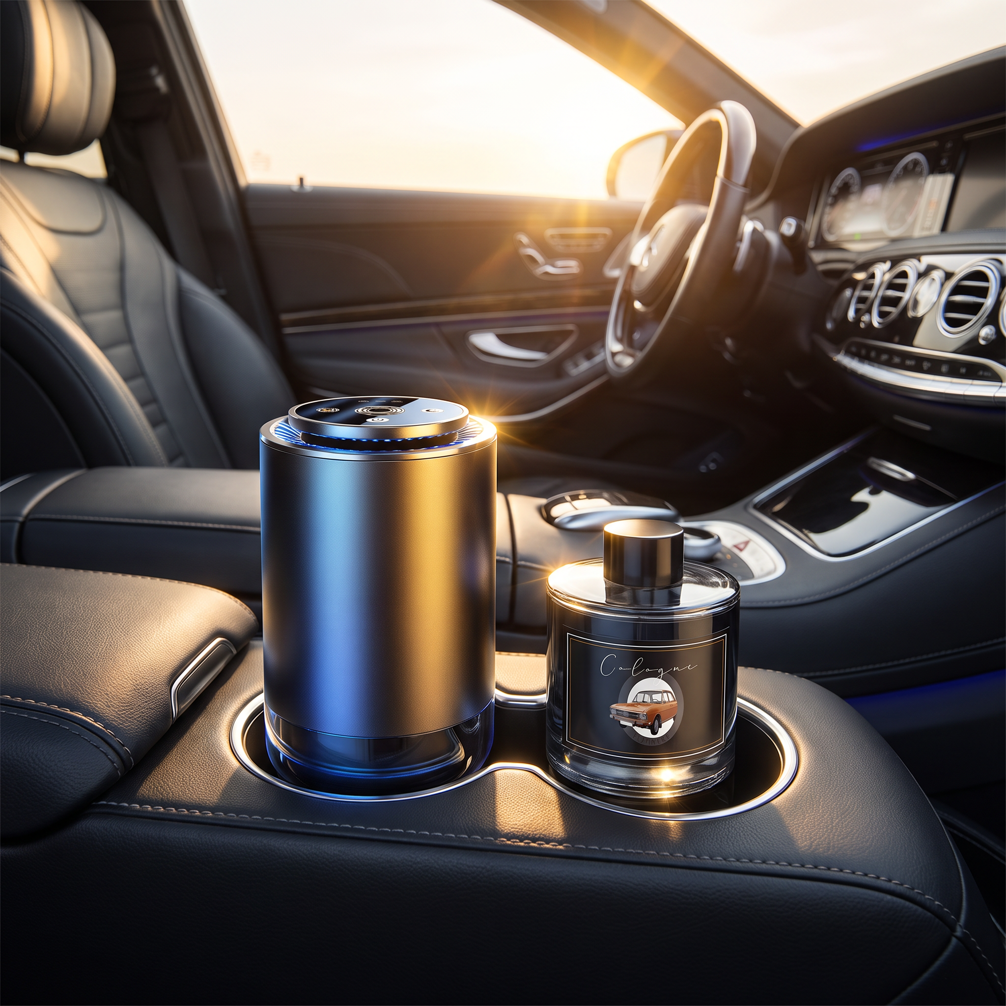Balventa Cologne Car Air Freshener & Aroma Diffuser - Smart Humidifier, LED Light, and 50ml Essential Oil
